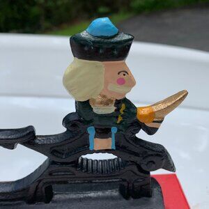 #8898 Vintage Nut Cracker, Cast Iron on Wooden Stand, Revolutionary War Soldier